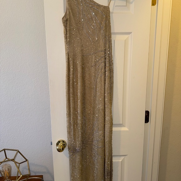 Aidan Mattox Beaded One-Shoulder Gown Gold - Picture 4 of 5